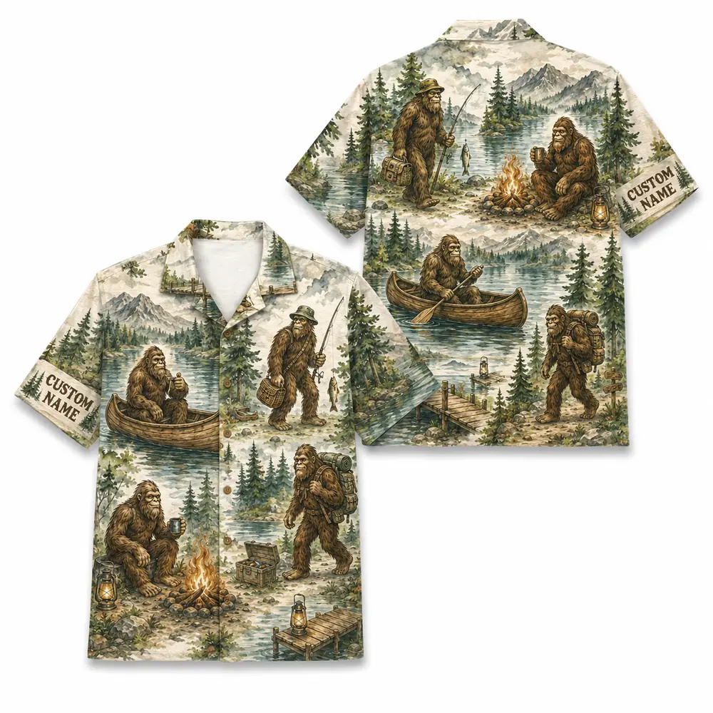 Personalized Bigfoot Camping Hawaiian Shirt For Men And Women, Short Sleeve Funny Sasquatch Forest Adventure, Custom Name Summer Button Down - Style 3