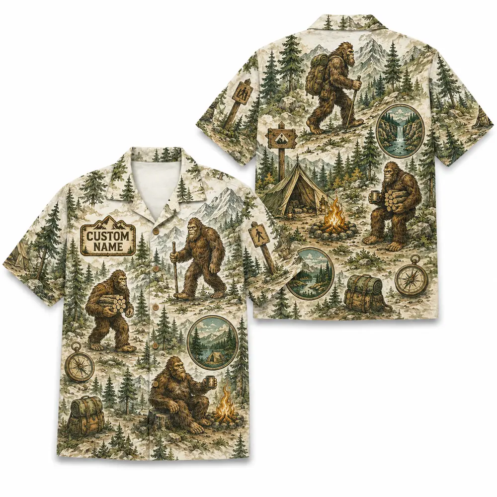 Personalized Bigfoot Camping Hawaiian Shirt For Men And Women, Short Sleeve Funny Sasquatch Forest Adventure, Custom Name Summer Button Down - Style 4