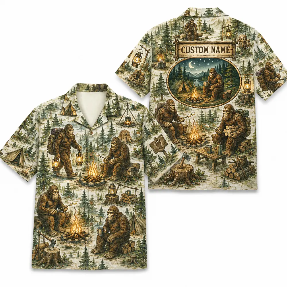 Personalized Bigfoot Camping Hawaiian Shirt For Men And Women, Short Sleeve Funny Sasquatch Forest Adventure, Custom Name Summer Button Down - Style 5