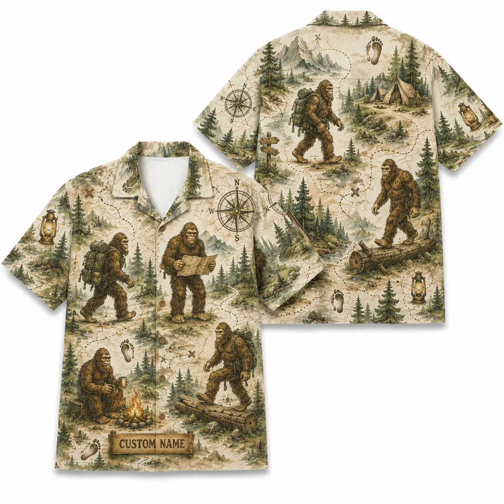 Personalized Bigfoot Camping Hawaiian Shirt For Men And Women, Short Sleeve Funny Sasquatch Forest Adventure, Custom Name Summer Button Down - Style 6