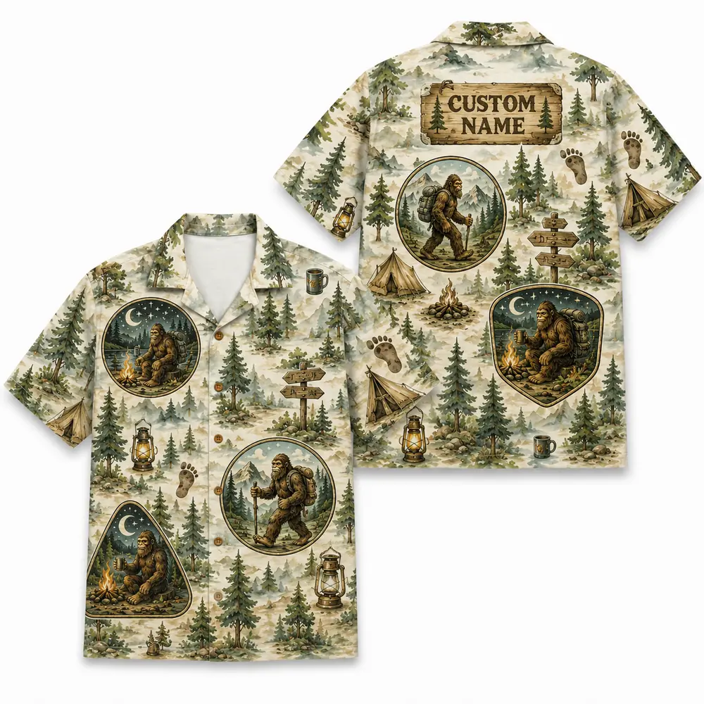 Personalized Bigfoot Camping Hawaiian Shirt For Men And Women, Short Sleeve Funny Sasquatch Forest Adventure, Custom Name Summer Button Down - Style 7