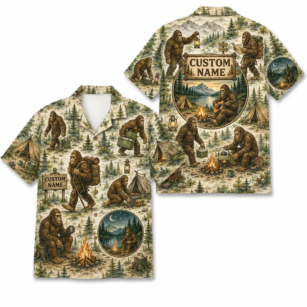 Personalized Bigfoot Camping Hawaiian Shirt For Men And Women, Short Sleeve Funny Sasquatch Forest Adventure, Custom Name Summer Button Down - Style 8