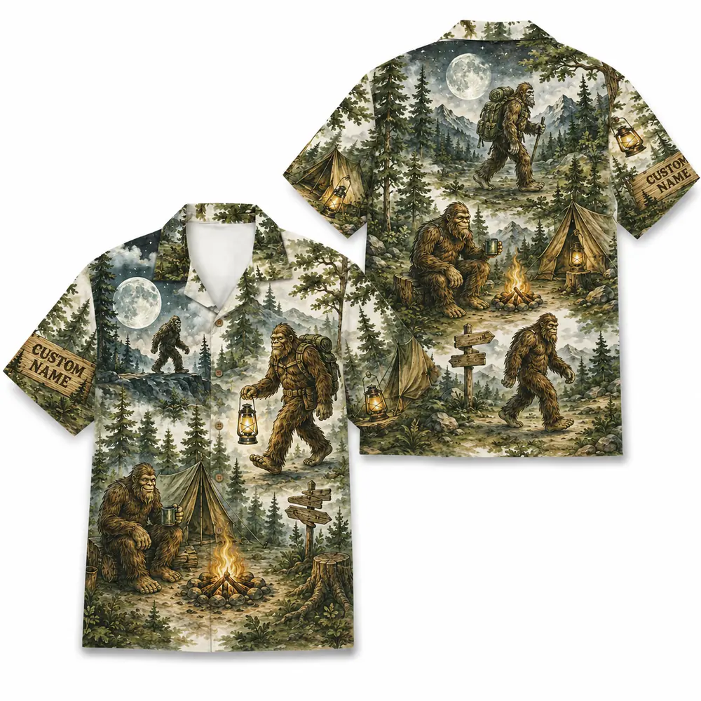 Personalized Bigfoot Camping Hawaiian Shirt For Men And Women, Short Sleeve Funny Sasquatch Forest Adventure, Custom Name Summer Button Down - Style 9
