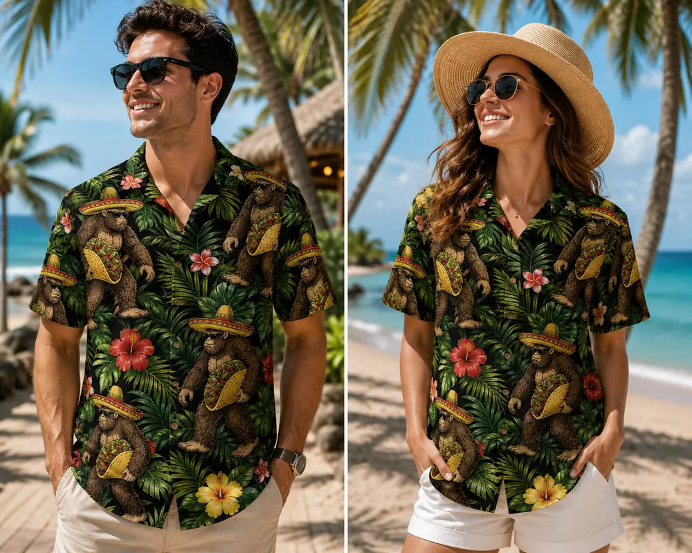 Personalized Bigfoot Fiesta Hawaiian Shirt For Men And Women, Short Sleeve Funny Mexican Jungle Adventure Print, Custom Name Summer Button Down - View 1