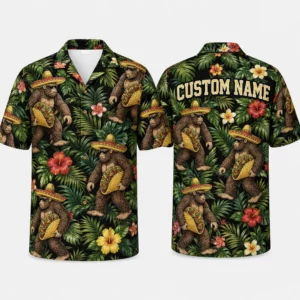 Personalized Bigfoot Fiesta Hawaiian Shirt For Men And Women, Short Sleeve Funny Mexican Jungle Adventure Print, Custom Name Summer Button Down