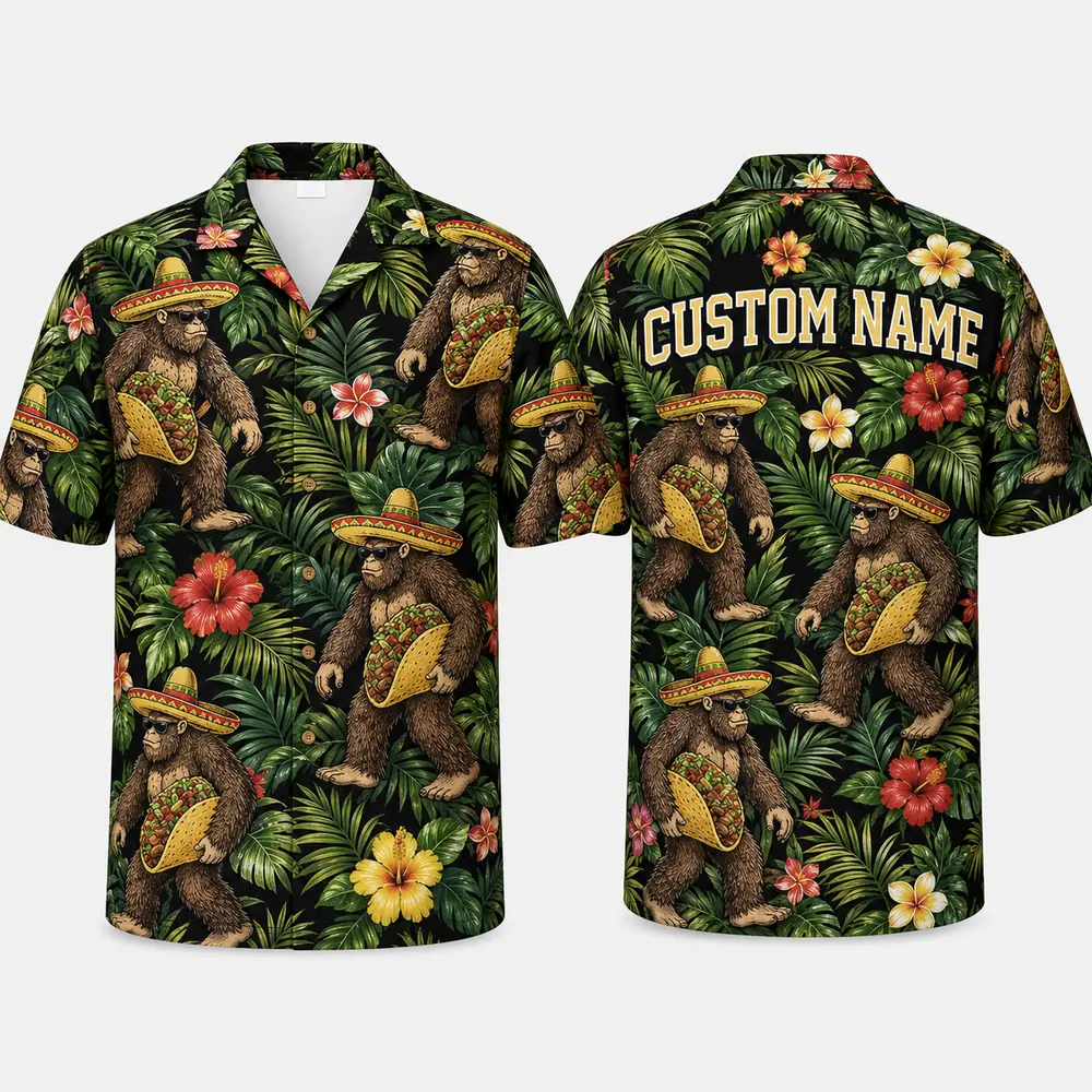 Personalized Bigfoot Fiesta Hawaiian Shirt For Men And Women, Short Sleeve Funny Mexican Jungle Adventure Print, Custom Name Summer Button Down