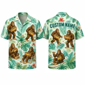 Personalized Bigfoot Leisure Tropical Hawaiian Shirt For Men And Women, Short Sleeve Funny Cryptid Island Vacation Print, Custom Name Summer Button Down