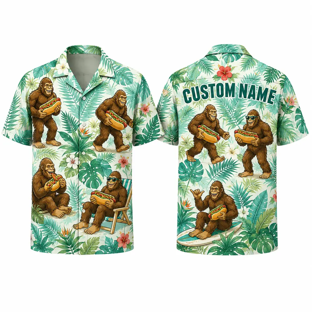 Personalized Bigfoot Leisure Tropical Hawaiian Shirt For Men And Women, Short Sleeve Funny Cryptid Island Vacation Print, Custom Name Summer Button Down