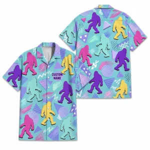 Personalized Bigfoot Sasquatch 80S 90S Neon Hawaiian Shirt For Men And Women, Short Sleeve Funny Cryptid Creature Retro, Custom Name Button Down - Style 1