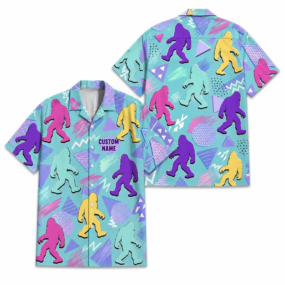 Personalized Bigfoot Sasquatch 80S 90S Neon Hawaiian Shirt For Men And Women, Short Sleeve Funny Cryptid Creature Retro, Custom Name Button Down - Style 1