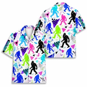 Personalized Bigfoot Sasquatch 80S 90S Neon Hawaiian Shirt For Men And Women, Short Sleeve Funny Cryptid Creature Retro, Custom Name Button Down - Style 2