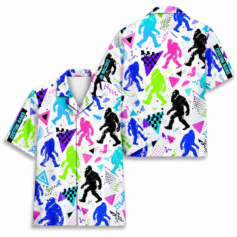 Personalized Bigfoot Sasquatch 80S 90S Neon Hawaiian Shirt For Men And Women, Short Sleeve Funny Cryptid Creature Retro, Custom Name Button Down - Style 2