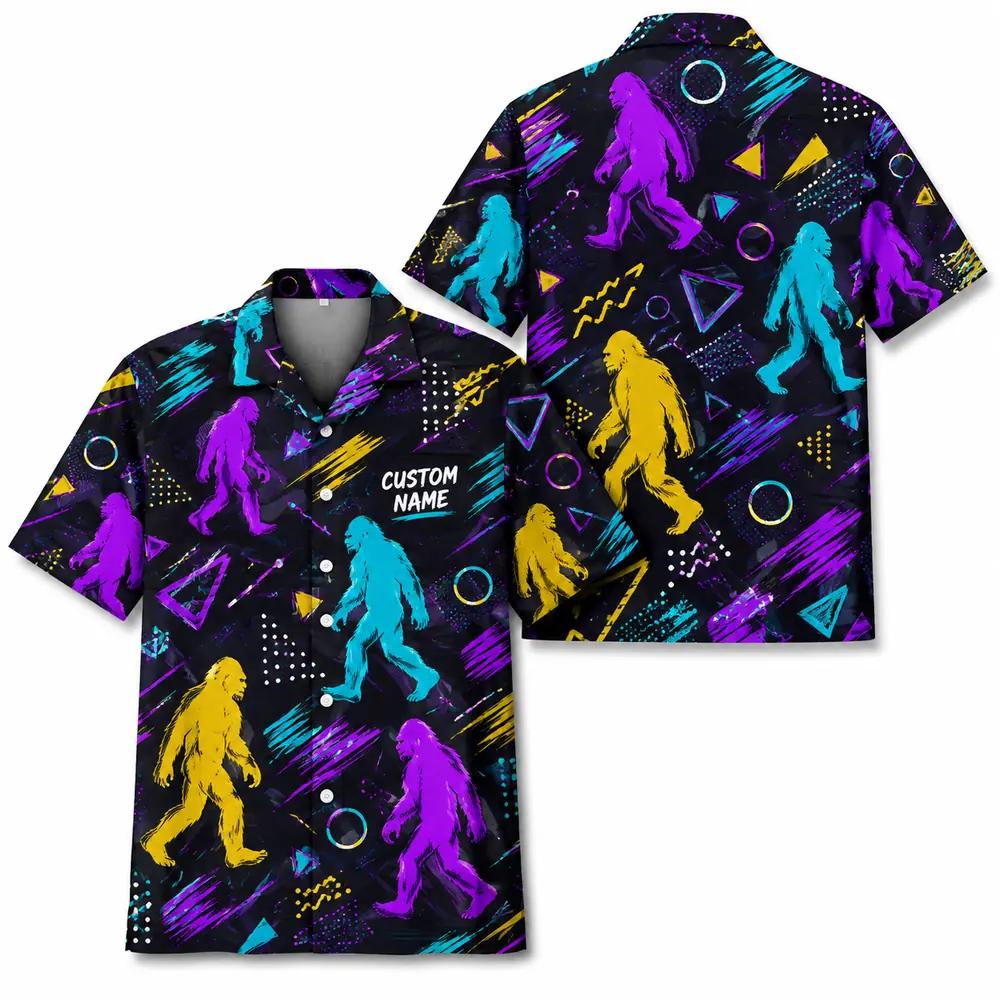 Personalized Bigfoot Sasquatch 80S 90S Neon Hawaiian Shirt For Men And Women, Short Sleeve Funny Cryptid Creature Retro, Custom Name Button Down - Style 3