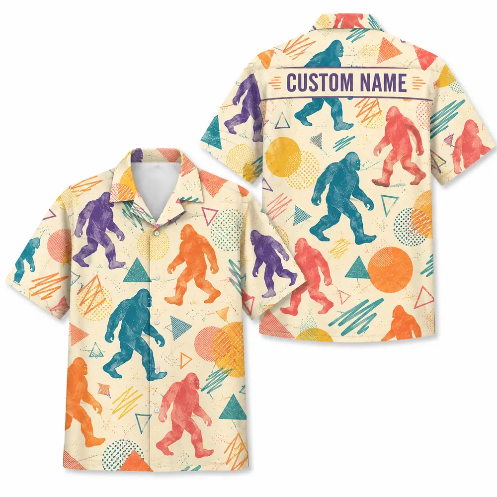 Personalized Bigfoot Sasquatch 80S 90S Neon Hawaiian Shirt For Men And Women, Short Sleeve Funny Cryptid Creature Retro, Custom Name Button Down - Style 4