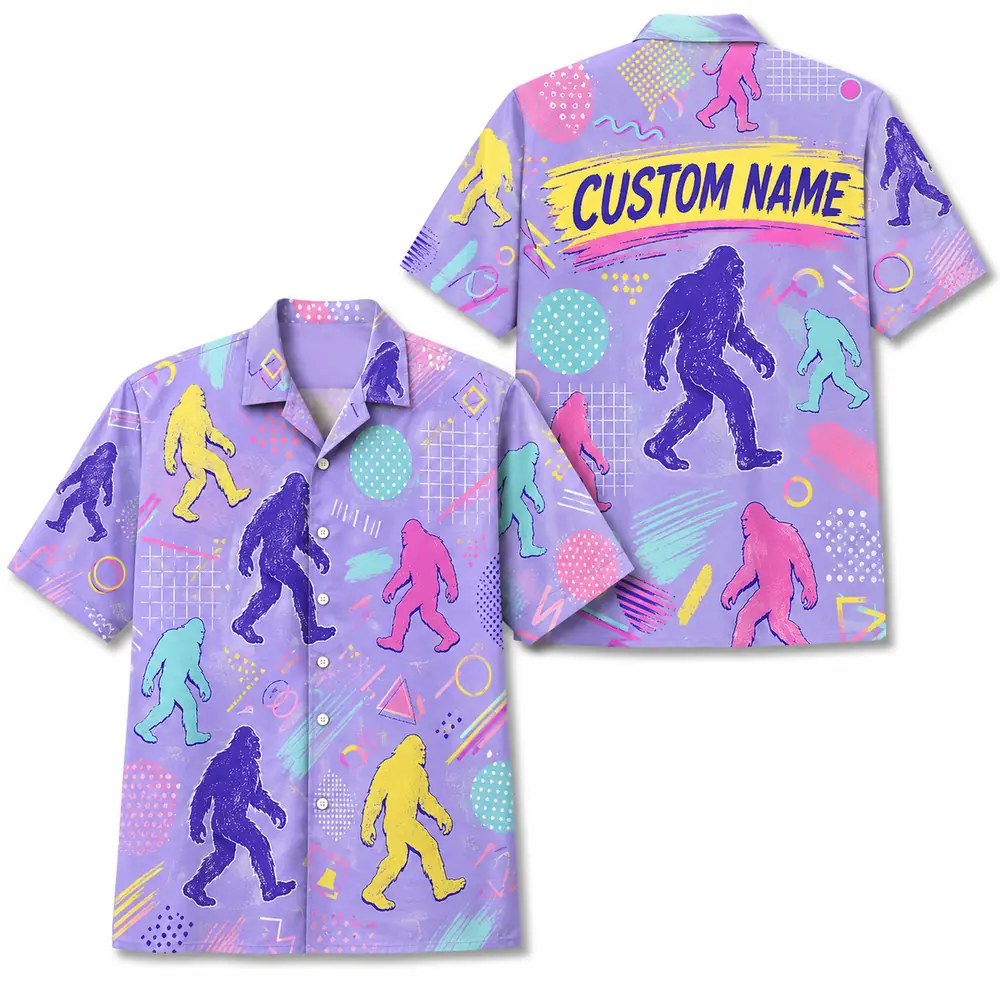 Personalized Bigfoot Sasquatch 80S 90S Neon Hawaiian Shirt For Men And Women, Short Sleeve Funny Cryptid Creature Retro, Custom Name Button Down - Style 5