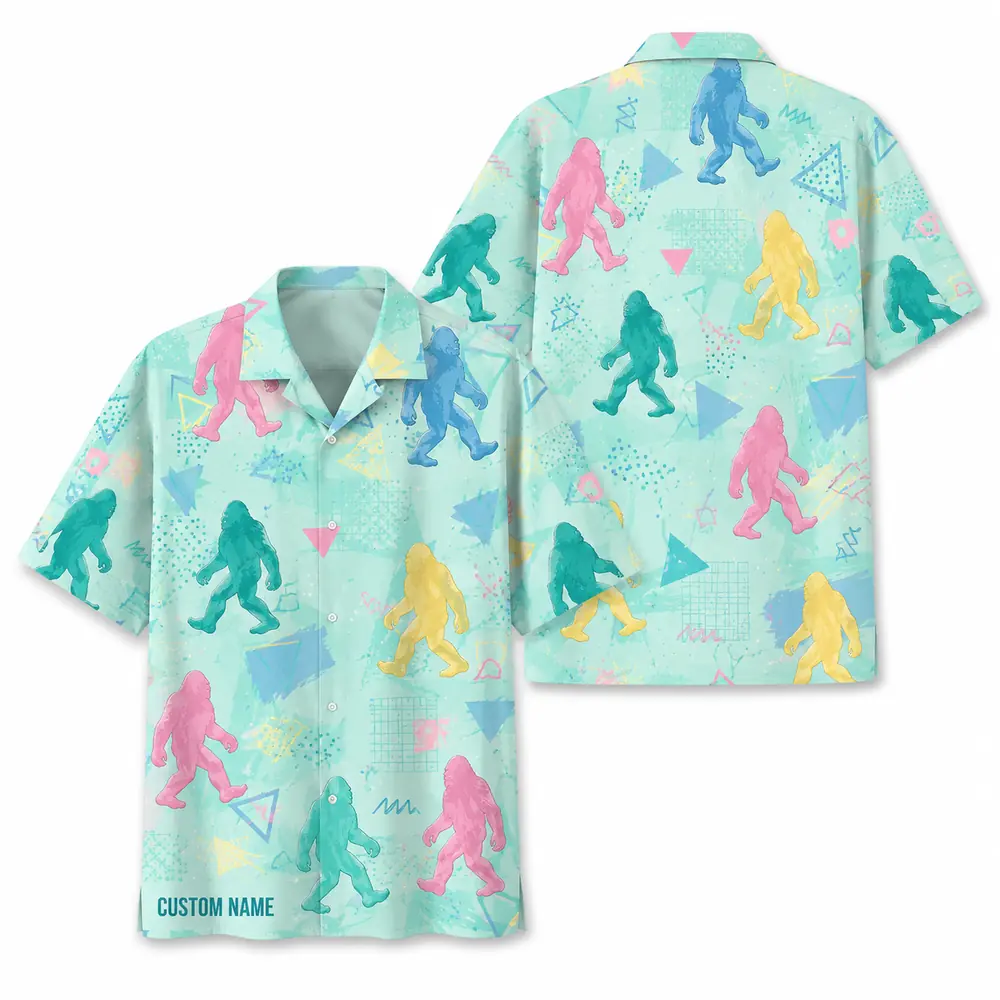 Personalized Bigfoot Sasquatch 80S 90S Neon Hawaiian Shirt For Men And Women, Short Sleeve Funny Cryptid Creature Retro, Custom Name Button Down - Style 6