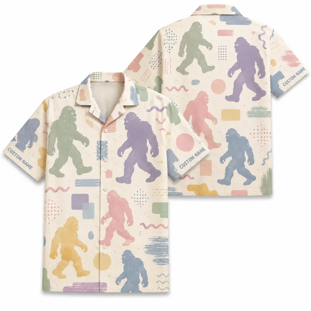 Personalized Bigfoot Sasquatch 80S 90S Neon Hawaiian Shirt For Men And Women, Short Sleeve Funny Cryptid Creature Retro, Custom Name Button Down - Style 7