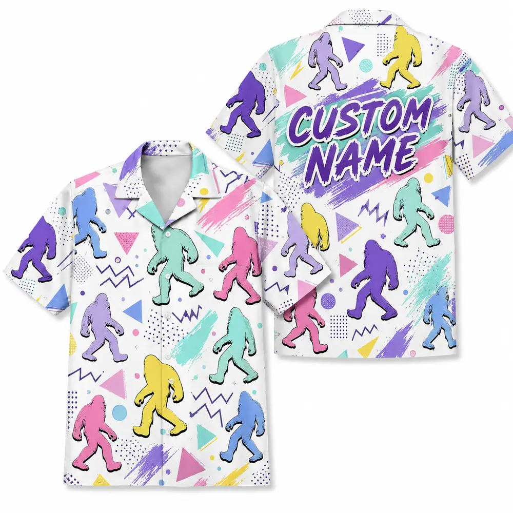 Personalized Bigfoot Sasquatch 80S 90S Neon Hawaiian Shirt For Men And Women, Short Sleeve Funny Cryptid Creature Retro, Custom Name Button Down - Style 8