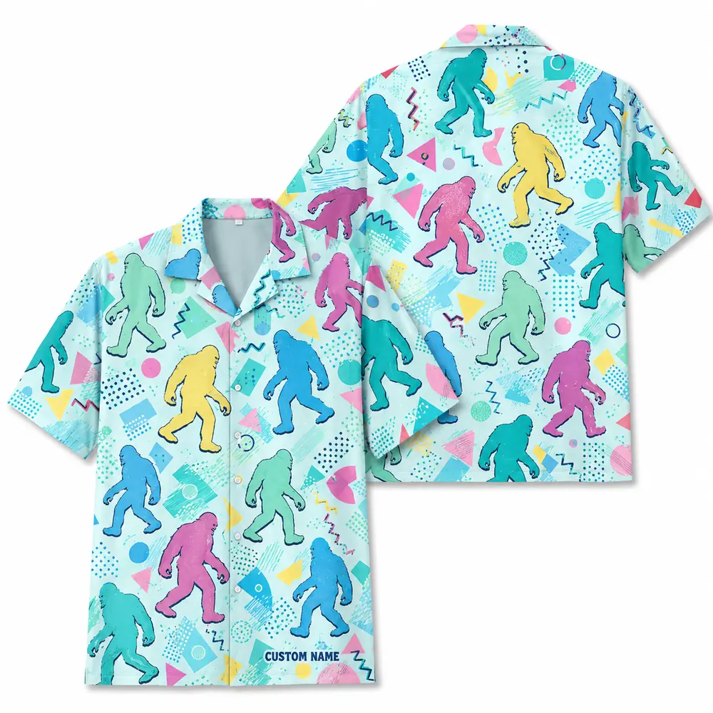 Personalized Bigfoot Sasquatch Retro Pastel Hawaiian Shirt For Men And Women, Short Sleeve Funny Summer Vacation, Custom Name Button Down - Style 2