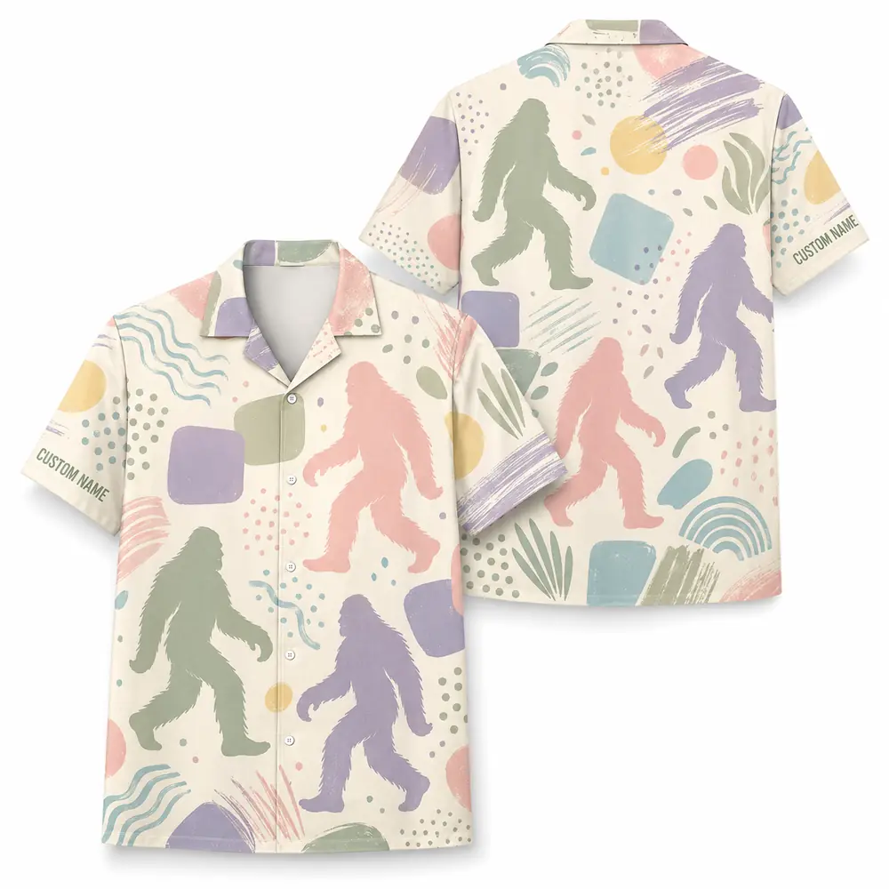 Personalized Bigfoot Sasquatch Retro Pastel Hawaiian Shirt For Men And Women, Short Sleeve Funny Summer Vacation, Custom Name Button Down - Style 3