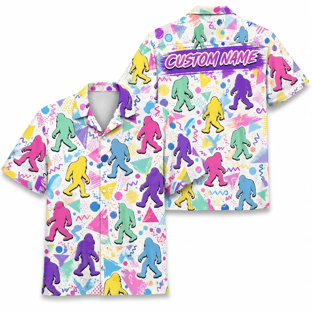 Personalized Bigfoot Sasquatch Retro Pastel Hawaiian Shirt For Men And Women, Short Sleeve Funny Summer Vacation, Custom Name Button Down - Style 4