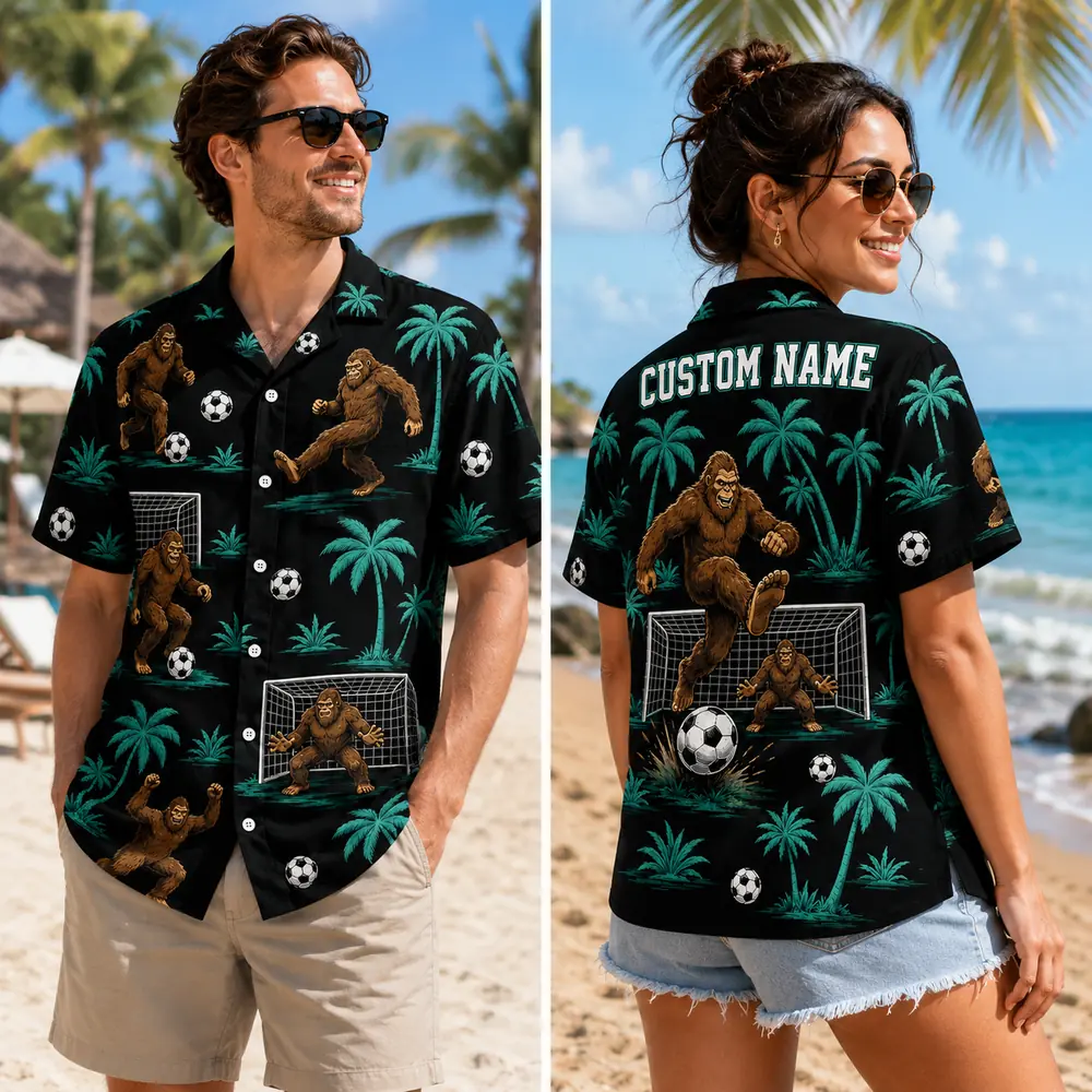 Personalized Bigfoot Soccer Player Hawaiian Shirt For Men And Women, Short Sleeve Funny Sasquatch Sports Print, Custom Name Button Down - View 1