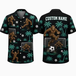 Personalized Bigfoot Soccer Player Hawaiian Shirt For Men And Women, Short Sleeve Funny Sasquatch Sports Print, Custom Name Button Down