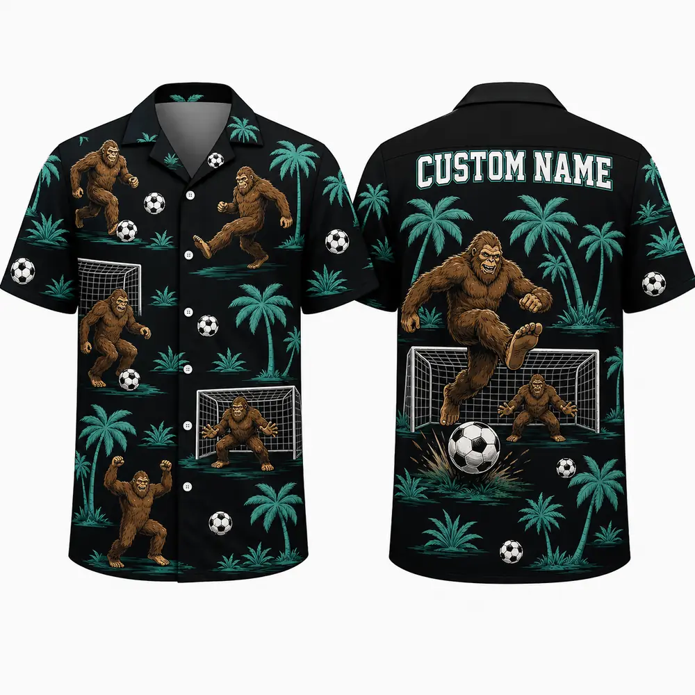 Personalized Bigfoot Soccer Player Hawaiian Shirt For Men And Women, Short Sleeve Funny Sasquatch Sports Print, Custom Name Button Down