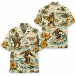 Personalized Bigfoot Summer Beach Aloha Hawaiian Shirt For Men And Women, Short Sleeve Funny Sasquatch Tropical Island Vacation, Custom Name Button Down - Style 1