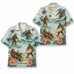 Personalized Bigfoot Summer Beach Aloha Hawaiian Shirt For Men And Women, Short Sleeve Funny Sasquatch Tropical Island Vacation, Custom Name Button Down - Style 2