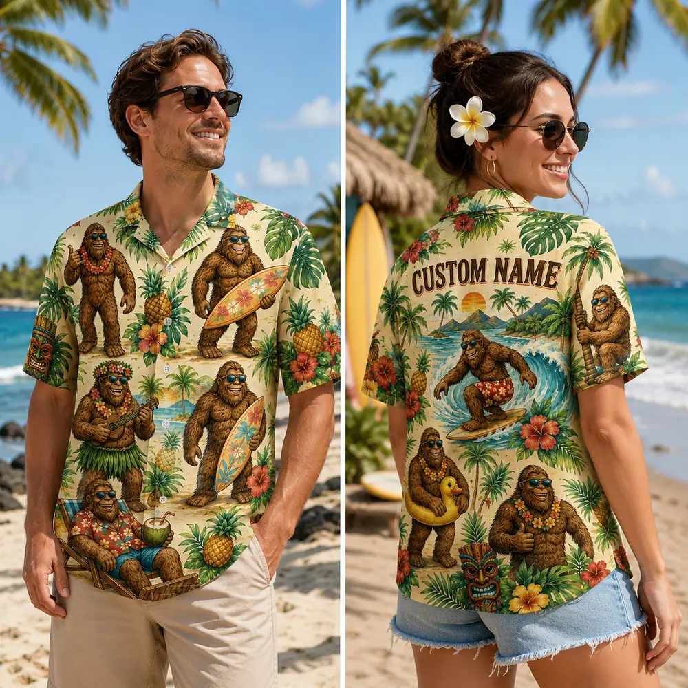 Personalized Bigfoot Summer Vacation Hawaiian Shirt For Men And Women, Short Sleeve Funny Sasquatch Tropical Print, Custom Name Button Down - View 1