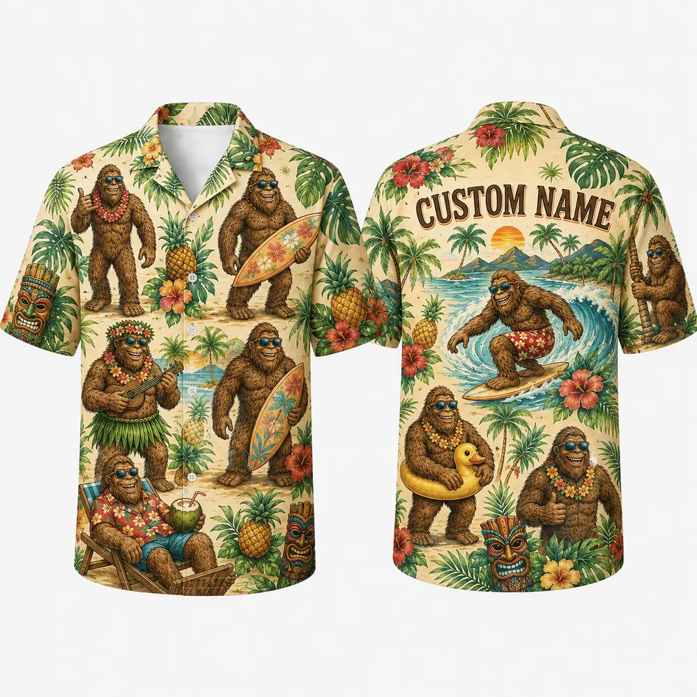 Personalized Bigfoot Summer Vacation Hawaiian Shirt For Men And Women, Short Sleeve Funny Sasquatch Tropical Print, Custom Name Button Down