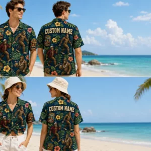 Personalized Bigfoot Tiki Tropical Hawaiian Shirt For Men And Women, Short Sleeve Funny Legend Island Vacation Print, Custom Name Summer Button Down - View 1