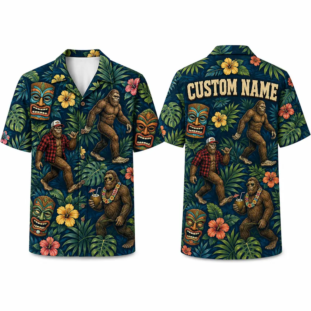 Personalized Bigfoot Tiki Tropical Hawaiian Shirt For Men And Women, Short Sleeve Funny Legend Island Vacation Print, Custom Name Summer Button Down