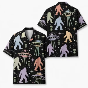Personalized Bigfoot Ufo Space Hawaiian Shirt For Men And Women, Short Sleeve Funny Sasquatch Galaxy Sci-Fi, Custom Name Summer Button Down - Style 1