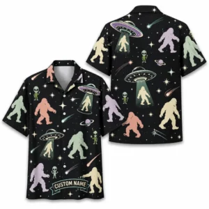 Personalized Bigfoot Ufo Space Hawaiian Shirt For Men And Women, Short Sleeve Funny Sasquatch Galaxy Sci-Fi, Custom Name Summer Button Down - Style 2