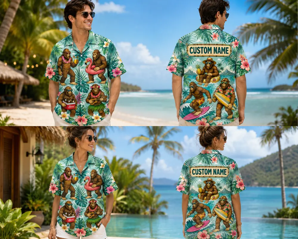 Personalized Bigfoot Vacation Tropical Hawaiian Shirt For Men And Women, Short Sleeve Funny Cryptid Island Party Print, Custom Name Summer Button Down - View 1