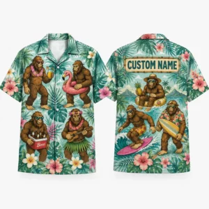 Personalized Bigfoot Vacation Tropical Hawaiian Shirt For Men And Women, Short Sleeve Funny Cryptid Island Party Print, Custom Name Summer Button Down