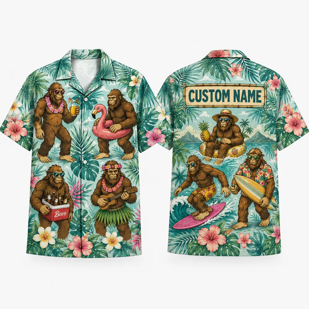 Personalized Bigfoot Vacation Tropical Hawaiian Shirt For Men And Women, Short Sleeve Funny Cryptid Island Party Print, Custom Name Summer Button Down