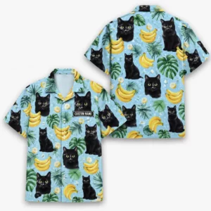 Personalized Black Cat Banana Summer Beach Aloha Hawaiian Shirt For Men And Women, Short Sleeve Cute Pet Tropical Island Vacation, Custom Name Button Down - Style 1