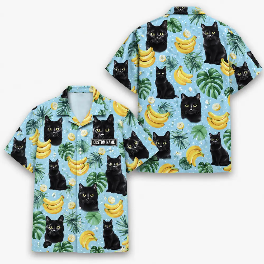 Personalized Black Cat Banana Summer Beach Aloha Hawaiian Shirt For Men And Women, Short Sleeve Cute Pet Tropical Island Vacation, Custom Name Button Down - Style 1