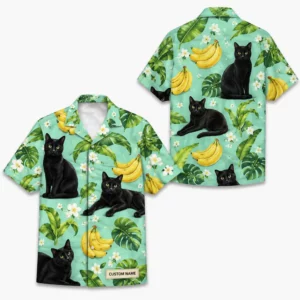 Personalized Black Cat Banana Summer Beach Aloha Hawaiian Shirt For Men And Women, Short Sleeve Cute Pet Tropical Island Vacation, Custom Name Button Down - Style 2