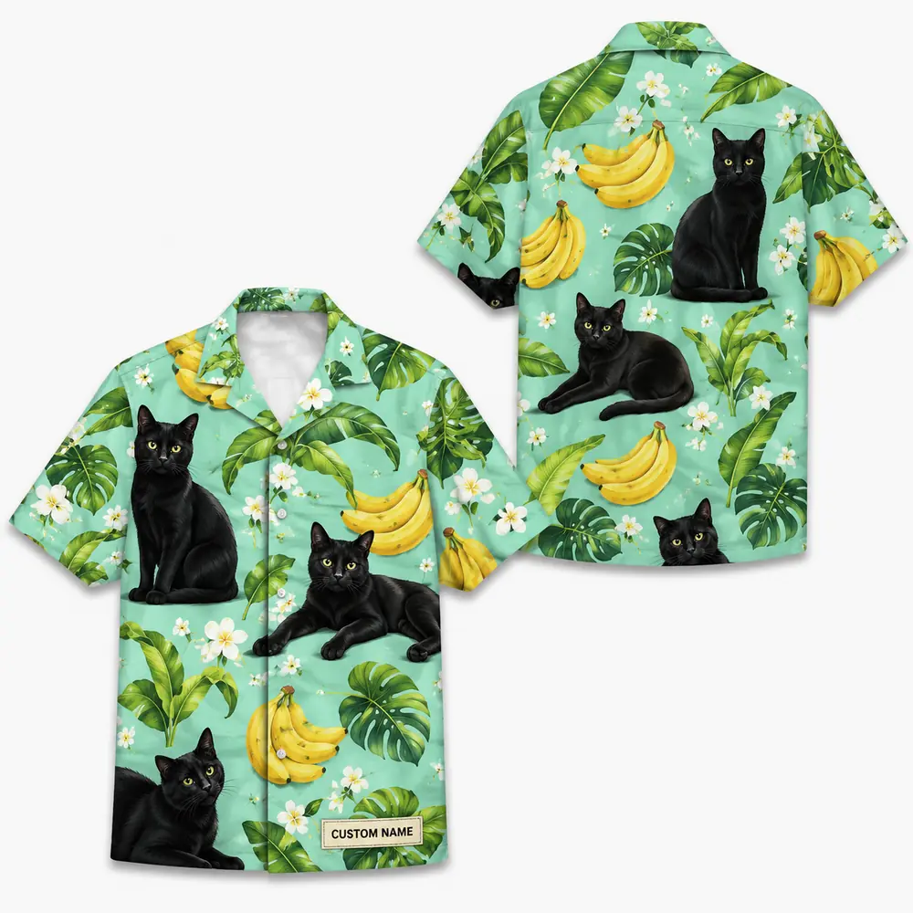 Personalized Black Cat Banana Summer Beach Aloha Hawaiian Shirt For Men And Women, Short Sleeve Cute Pet Tropical Island Vacation, Custom Name Button Down - Style 2
