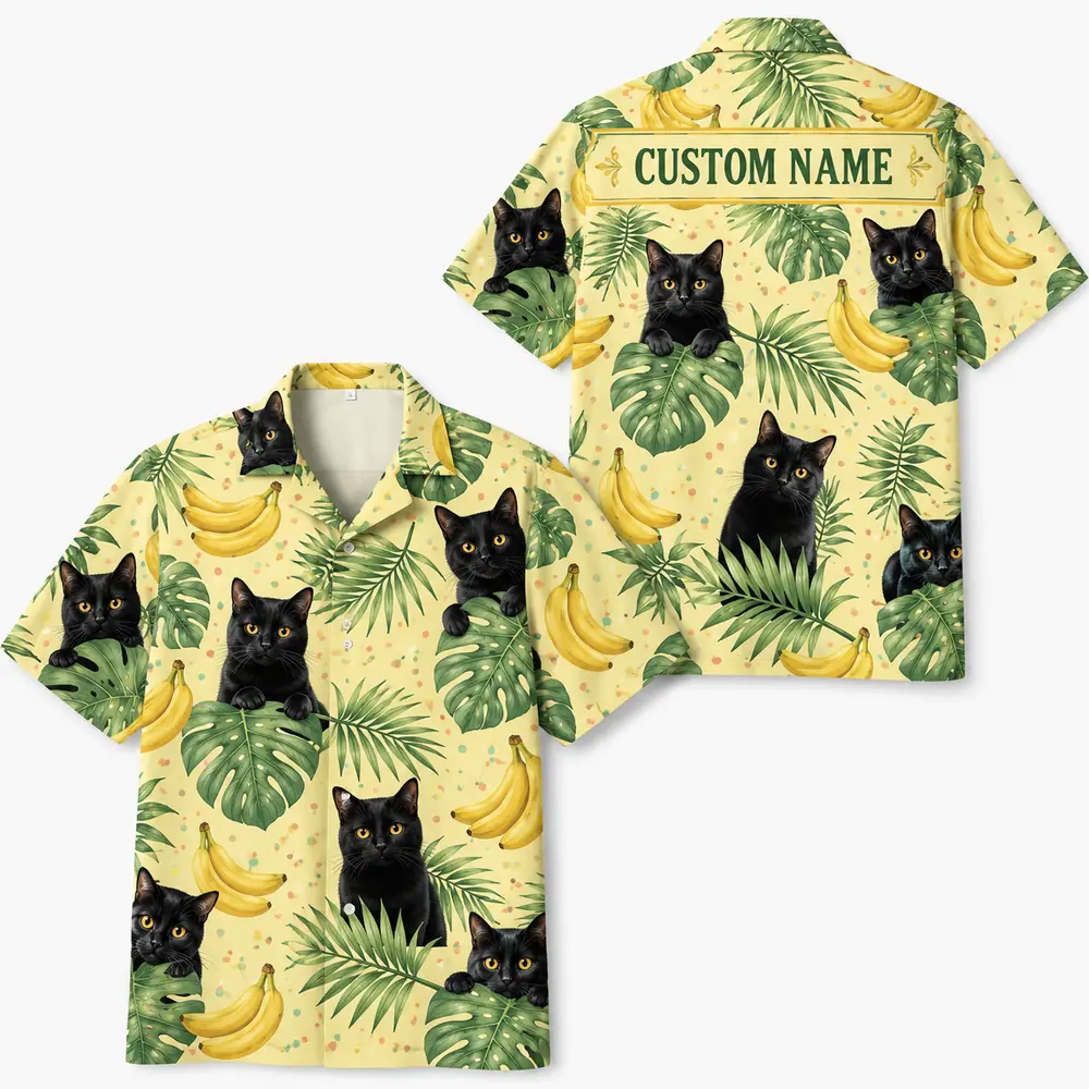 Personalized Black Cat Banana Summer Beach Aloha Hawaiian Shirt For Men And Women, Short Sleeve Cute Pet Tropical Island Vacation, Custom Name Button Down - Style 3