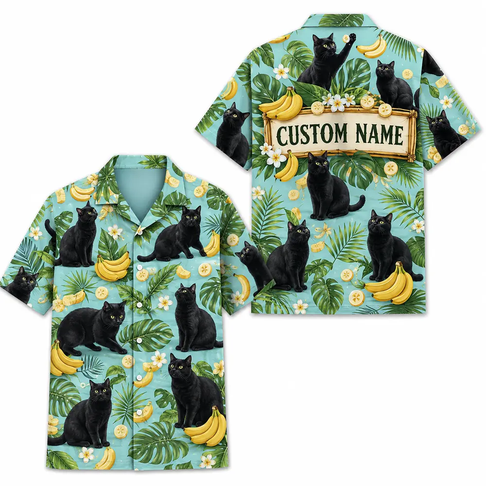 Personalized Black Cat Banana Summer Beach Aloha Hawaiian Shirt For Men And Women, Short Sleeve Cute Pet Tropical Island Vacation, Custom Name Button Down - Style 4