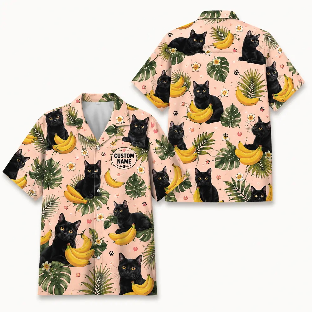 Personalized Black Cat Banana Summer Beach Aloha Hawaiian Shirt For Men And Women, Short Sleeve Cute Pet Tropical Island Vacation, Custom Name Button Down - Style 5