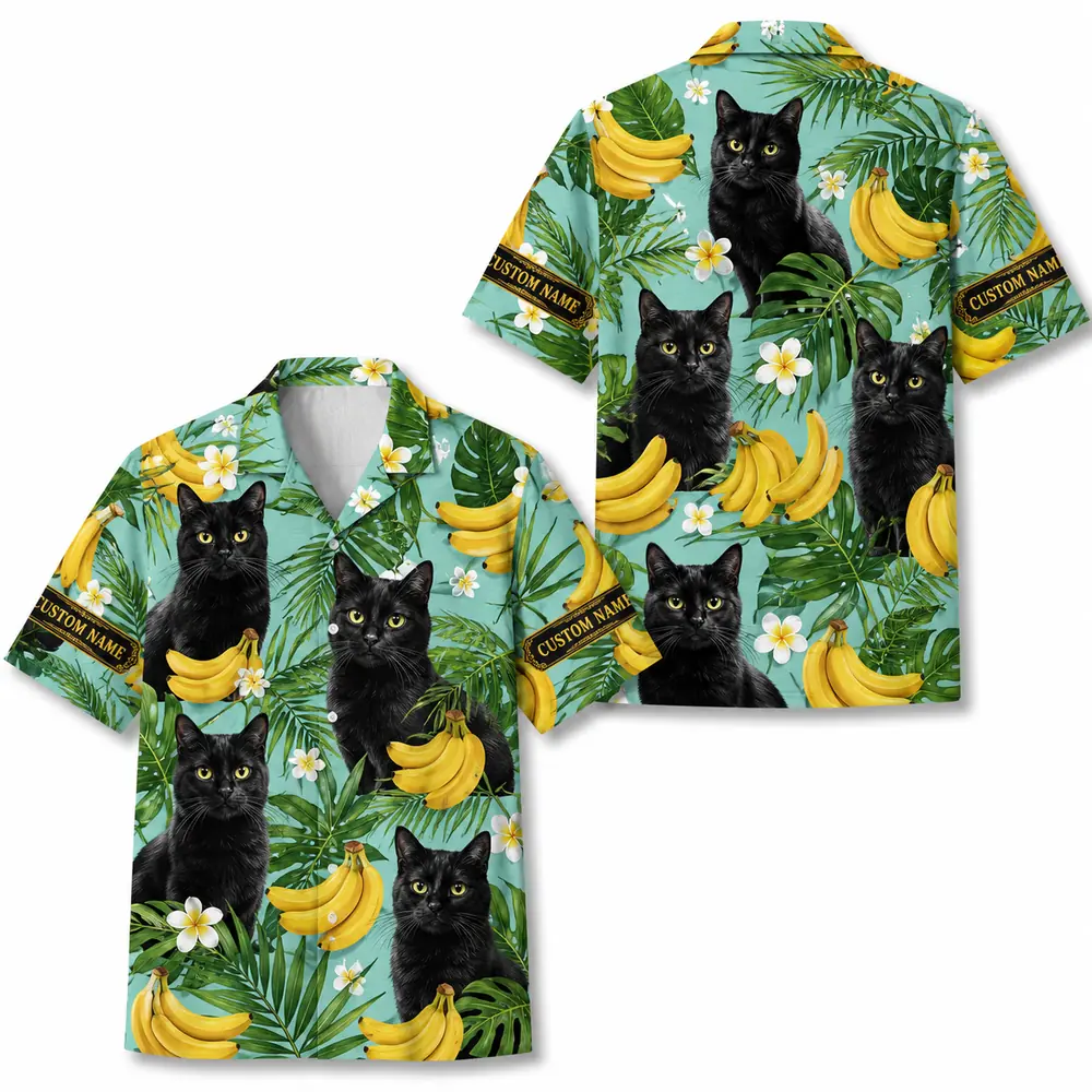 Personalized Black Cat Banana Summer Beach Aloha Hawaiian Shirt For Men And Women, Short Sleeve Cute Pet Tropical Island Vacation, Custom Name Button Down - Style 6