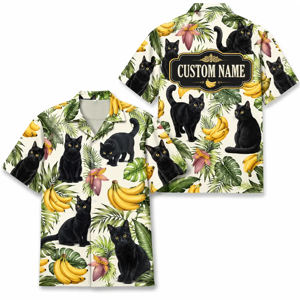 Personalized Black Cat Banana Summer Beach Aloha Hawaiian Shirt For Men And Women, Short Sleeve Cute Pet Tropical Island Vacation, Custom Name Button Down - Style 7