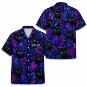 Personalized Black Cat Neon Jungle Hawaiian Shirt For Men And Women, Short Sleeve Cute Pet Glowing Tropical Night, Custom Name Summer Button Down - Style 1
