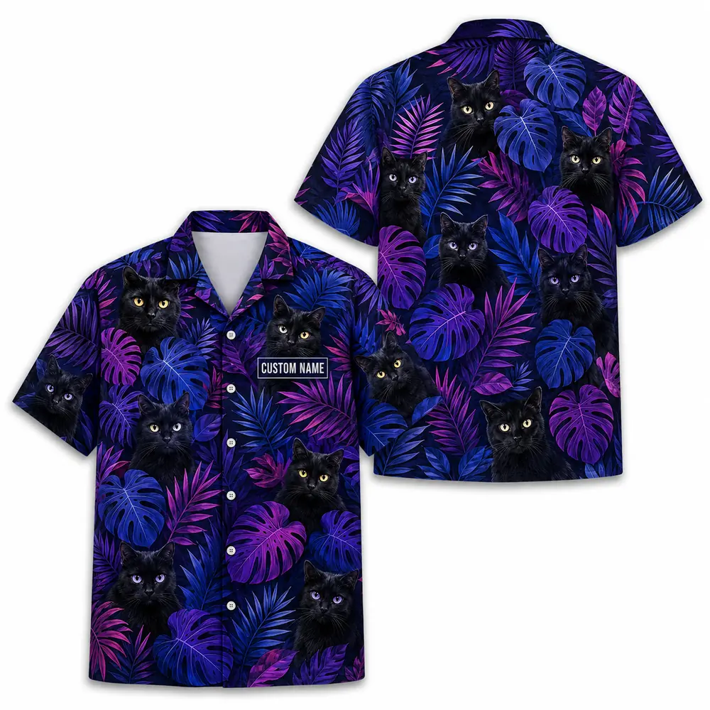 Personalized Black Cat Neon Jungle Hawaiian Shirt For Men And Women, Short Sleeve Cute Pet Glowing Tropical Night, Custom Name Summer Button Down - Style 1